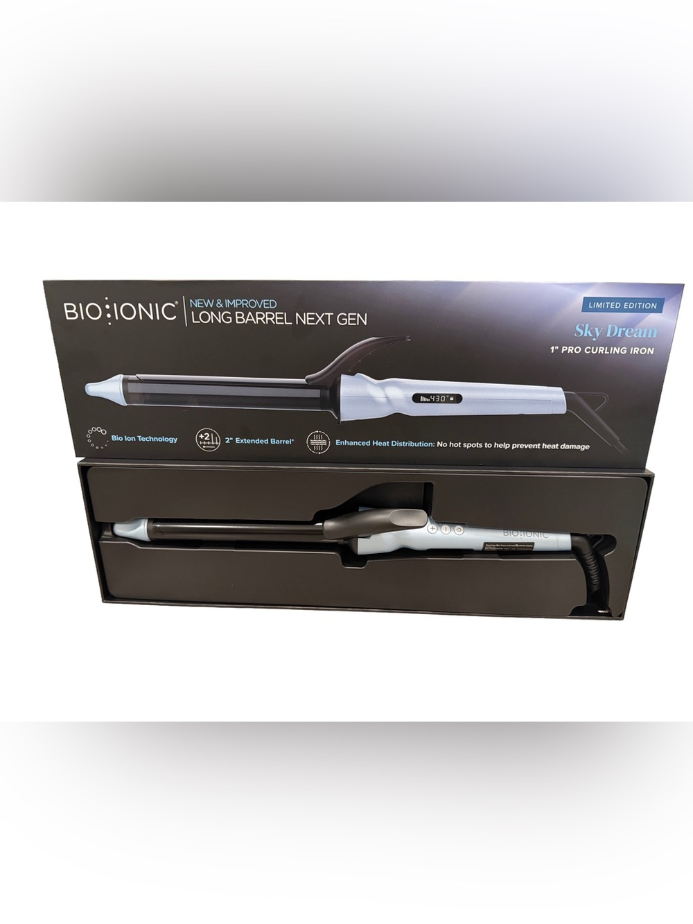 NWT Bio Ionic Sky Dream 1" Pro Long Barrel Curling Iron - Limited Ed - Blue/Blk